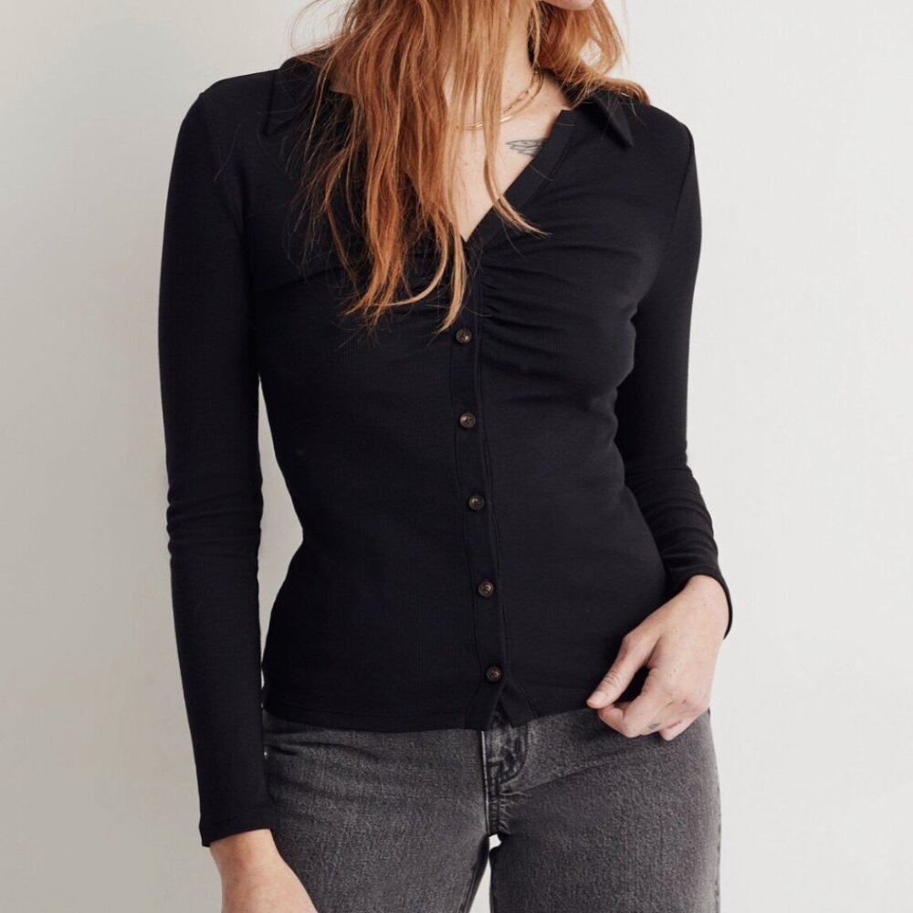 madewell ruched polo cardigan